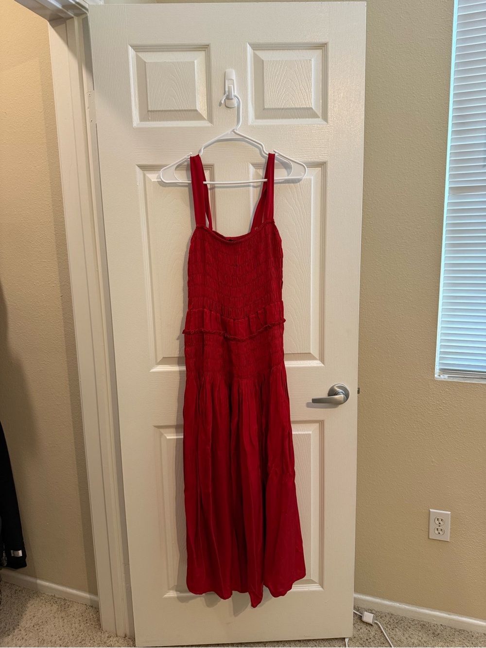 J. Crew Red Smocked Midi Dress with Button Straps